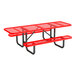 An 8-foot red expanded metal picnic table with attached benches and ADA accessibility features.