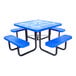 A square blue perforated metal picnic table with attached benches and black metal legs.