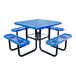 A blue square metal picnic table with four attached benches and a black frame.