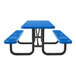 A blue expanded metal picnic table with attached benches and black metal legs.