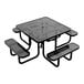A black square perforated metal picnic table with attached benches on all four sides.