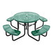 A round green perforated metal picnic table with four attached curved benches.