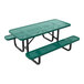 A green perforated metal picnic table with attached benches and black metal legs.