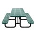 A green perforated metal picnic table with attached benches and black metal legs.