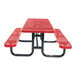 A 6-foot red expanded metal picnic table with attached benches and a black metal frame.