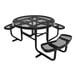 A round black expanded metal picnic table with attached curved benches and ADA accessibility.
