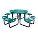 A round green expanded metal picnic table with four attached curved benches and black metal legs.