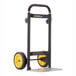 A black and yellow steel hand truck with a metal toe plate and two large wheels.
