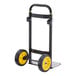 A steel hand truck with yellow wheels and a black frame.