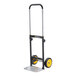 A steel hand truck with a black and silver frame, yellow wheels, and a flat loading platform.