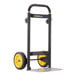 A black and yellow steel hand truck with a metal toe plate and two large wheels.