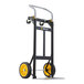 A steel convertible hand truck with two large yellow wheels and a metal frame.