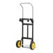 A steel convertible hand truck with a tall handle, two yellow-rimmed wheels, and a foldable platform.