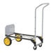 A steel convertible hand truck and cart with a tall handle, two large yellow wheels, and two smaller swivel casters.