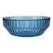 A round cornflower blue glass cereal bowl with a faceted design.