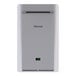 A wall-mounted outdoor tankless water heater with a digital display, labeled Rinnai.