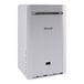 A wall-mounted outdoor tankless water heater with recirculation pump by Rinnai.