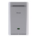 A wall-mounted outdoor tankless water heater with a digital display, labeled Rinnai.