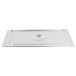 A Vollrath stainless steel pan cover on a stainless steel pan.