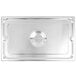 A Vollrath stainless steel lid on a steam table pan.