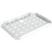 A close-up of a stainless steel Vollrath half size drain tray with holes.