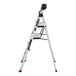A silver aluminum 4-step folding hybrid step ladder with a black top and red accents.