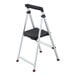 A two-step aluminum folding step stool with a black platform and handle.