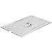 A Vollrath stainless steel slotted pan cover with a long handle.