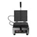 A commercial single Belgian waffle maker with a 90-degree opening and a stainless steel base.
