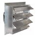 An aluminum shutter-mounted wall exhaust fan with a protective grille and adjustable louvers.