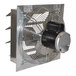 An aluminum shutter-mounted wall exhaust fan with a protective grille and direct-drive motor.