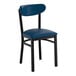 A black metal chair with a navy vinyl seat and backrest.