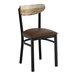 A black metal chair with a dark brown vinyl seat and a driftwood-finished wooden backrest.