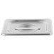 A Vollrath stainless steel 1/6 size pan cover with a handle.