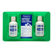 A double eyewash wall station with two 16 oz. bottles of eyewash solution mounted on a green plastic holder.