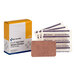 A box of First Aid Only 2" x 3" heavy woven fabric sterile adhesive patch bandages with several individually wrapped bandages displayed.