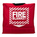 A red wool fire blanket in a hang pouch with bold white labeling.