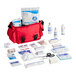 A large red nylon EMT bag containing a 158-piece first responder first aid kit with various medical supplies.