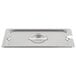 A Vollrath stainless steel slotted tray cover with a metal handle.