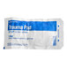 A sterile absorbent trauma pad in a sealed white and blue package, measuring 5 by 9 inches.
