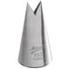 A metal leaf piping tip used for cake decorating.