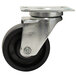 A metal swivel plate caster with a black rubber wheel.