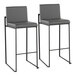A pair of modern barstools with black steel frames and gray faux leather seats and backs.