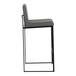 A modern barstool with a black steel frame and a gray faux leather seat and back.