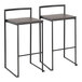 A pair of black metal stackable low-back barstools with espresso bamboo seats.