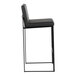 A modern high-back barstool with a black steel frame and black faux leather seat and back.
