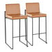 A pair of high-back barstools with black metal frames and camel faux leather seats and backs.