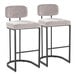 A pair of barstools with black metal frames and light gray fabric upholstered seats and backs.