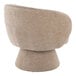 A light brown fabric swivel accent arm chair with a pedestal base.