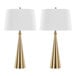 A pair of gold cone-shaped table lamps with white linen drum shades.